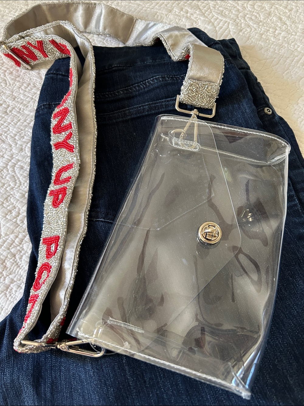 Clear PVC Crossbody Bag with Silver Hardware and a beaded Pony Up label in red
